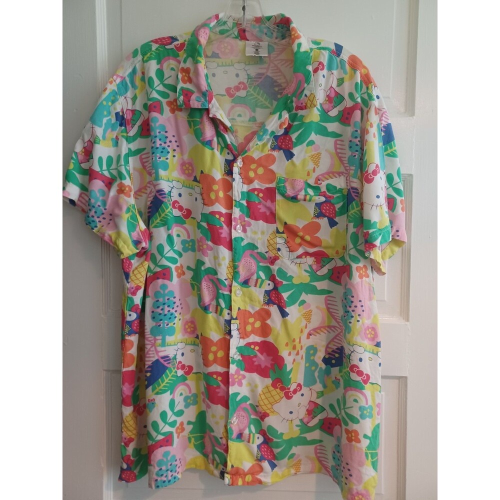 Hello Kitty Hawaiian buttonfront shirt mens XXL colorful tropical Sanrio cartoon
